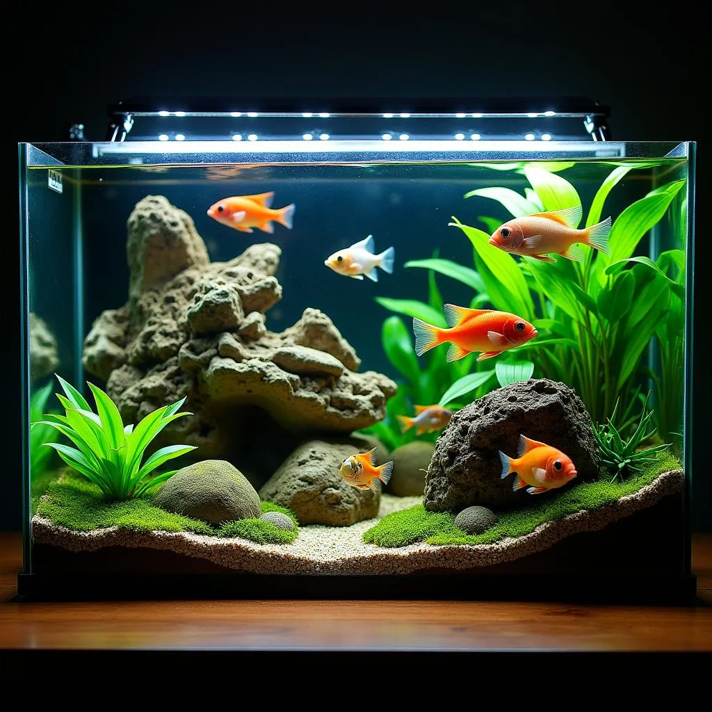 African cichlid tank with optimal lighting that enhances the vibrant colors of the fish and promotes their well-being.