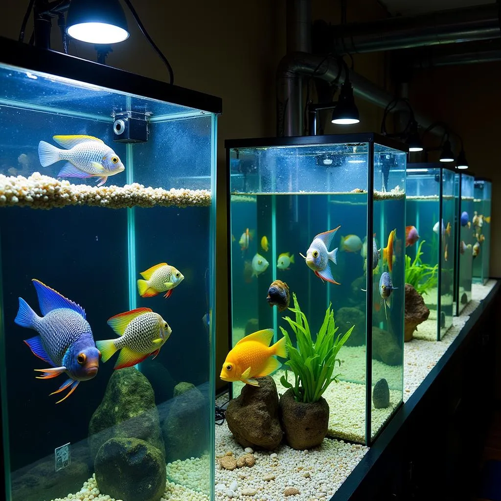 Rows of well-lit aquariums filled with colorful African cichlids in a breeding facility.