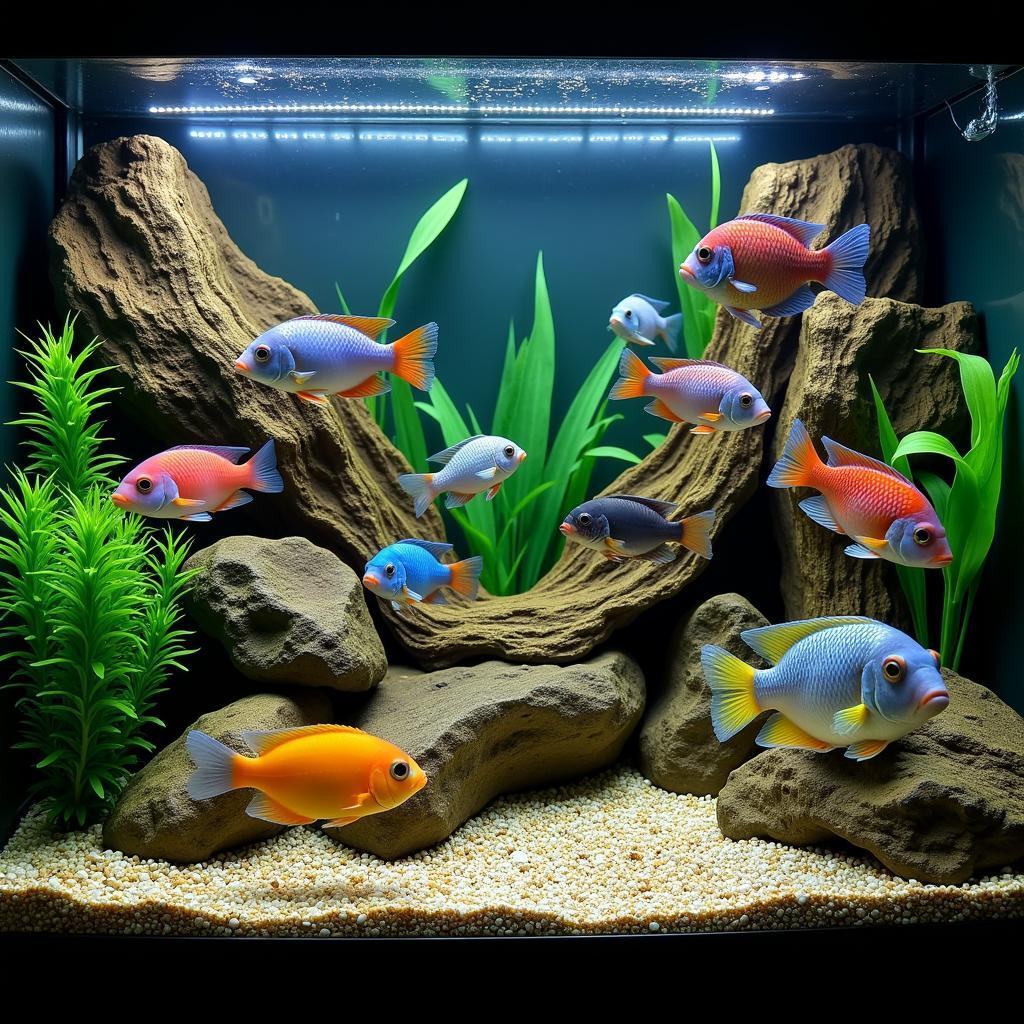 Variety of African Cichlids in a Home Aquarium