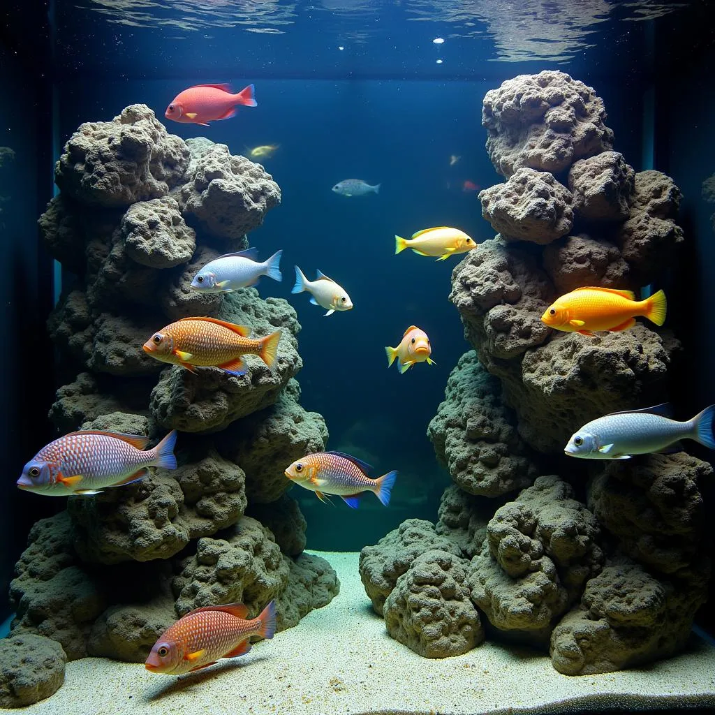 A group of African cichlids swimming in a well-lit aquarium, showcasing their vibrant colors and active behavior.