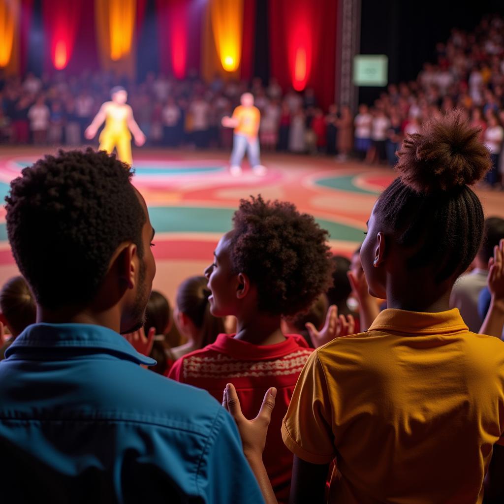 Audience members enjoying a lively African circus performance in Sydney