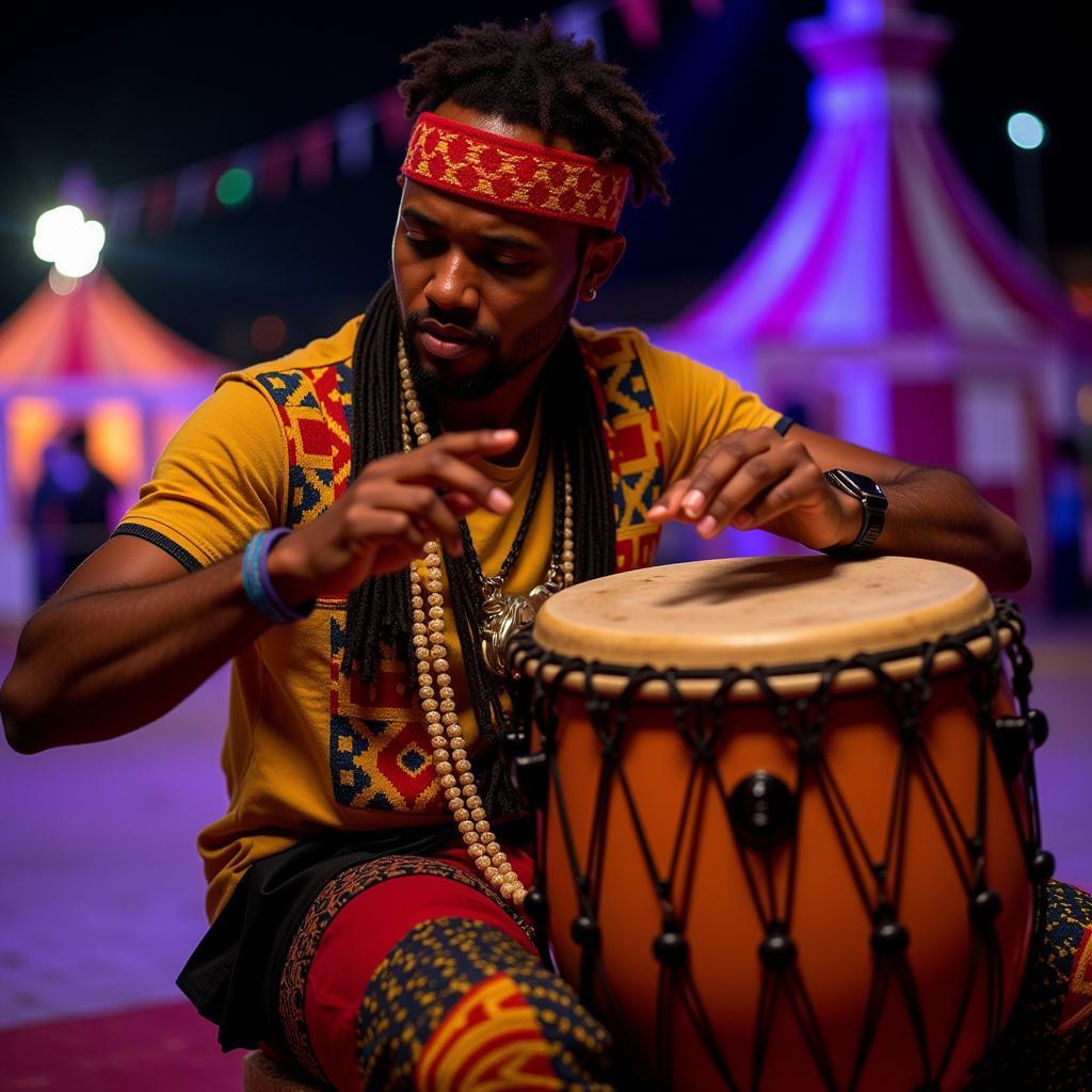 Musician playing traditional African drums during a circus performance in Sydney