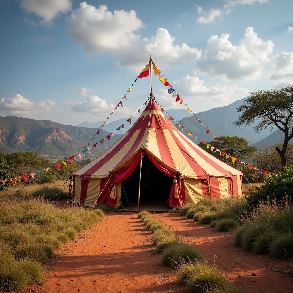 A vibrant African circus tent set against a scenic backdrop