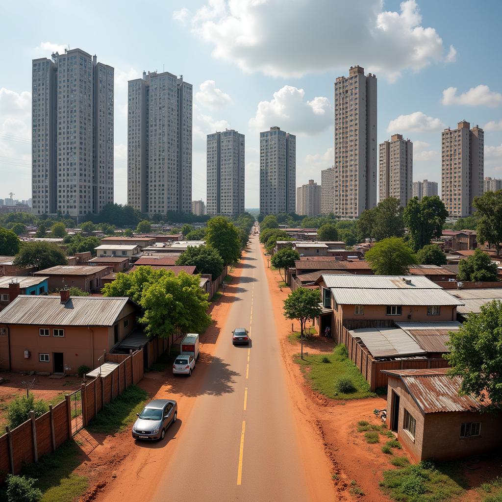 African city infrastructure challenges: water access, sanitation, and transportation.