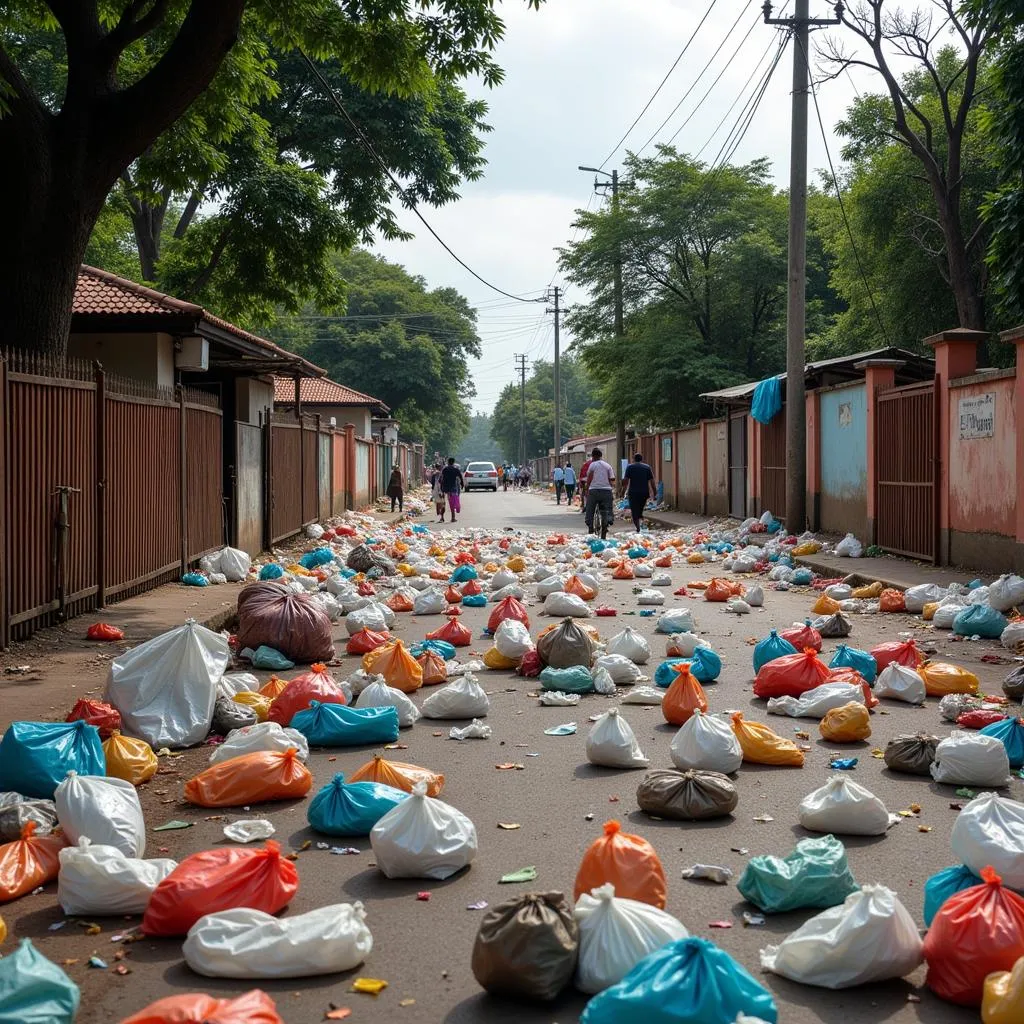 Plastic bags littering an African city street