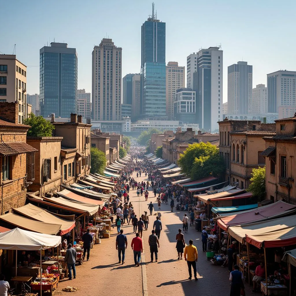 Modern African Cityscape with Traditional Market