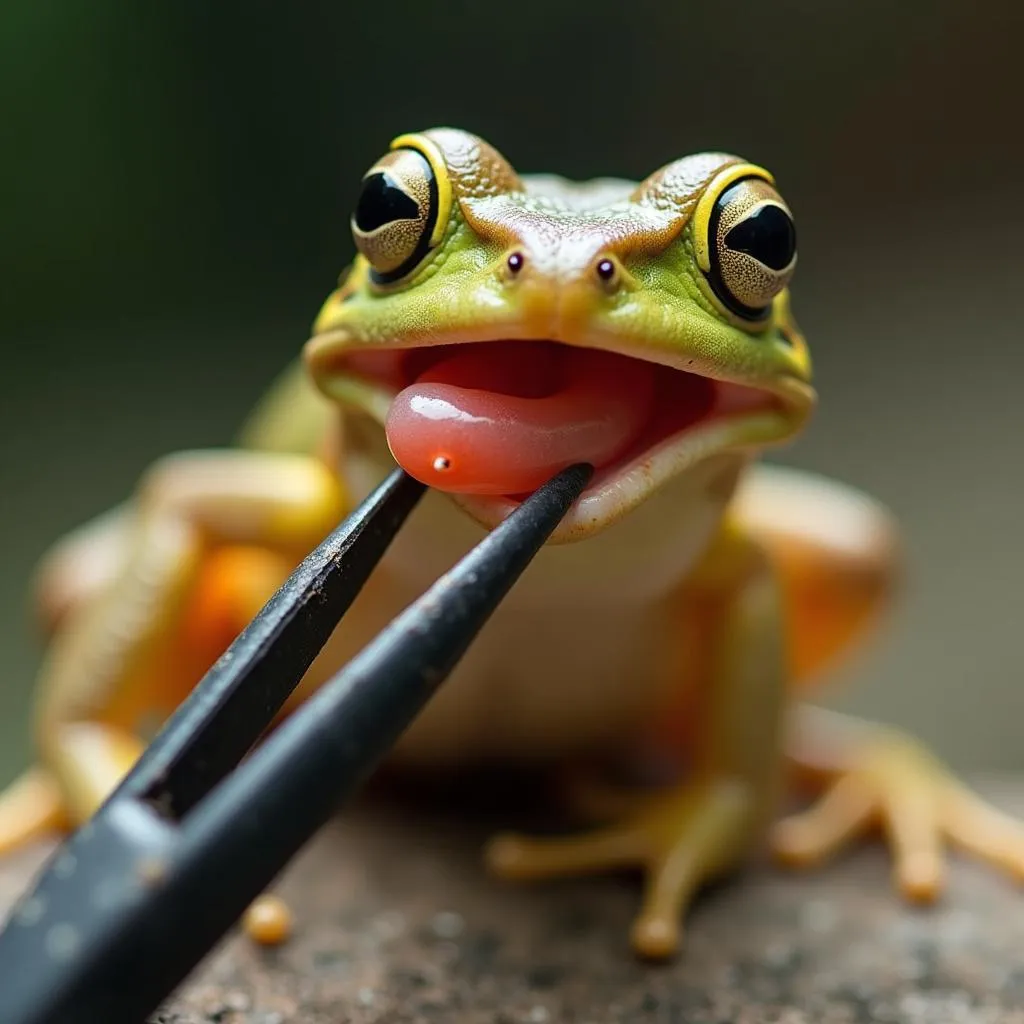 An African clawed frog being hand-fed a bloodworm