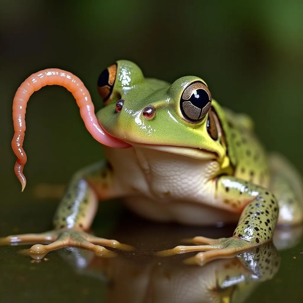 African clawed frog catching a worm in its natural habitat