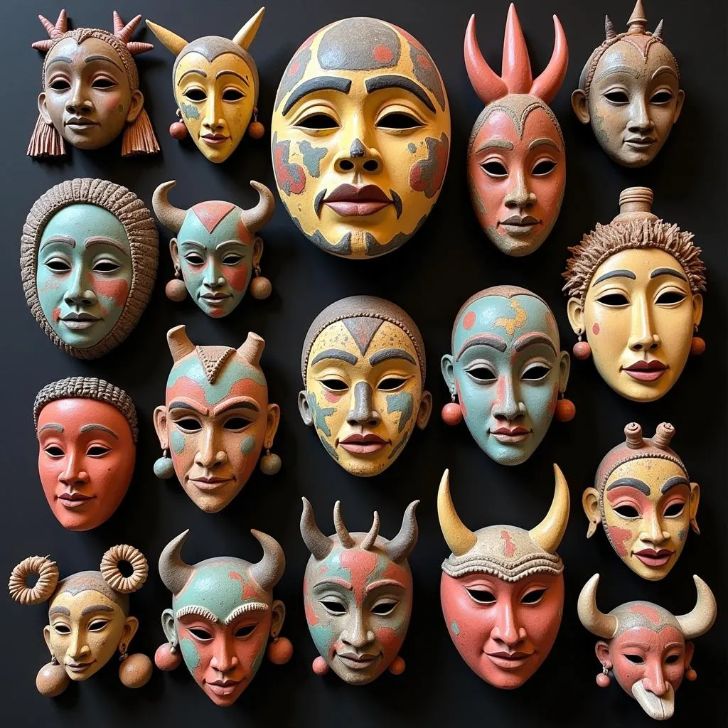 A collection of African clay masks, each with its own unique design and meaning