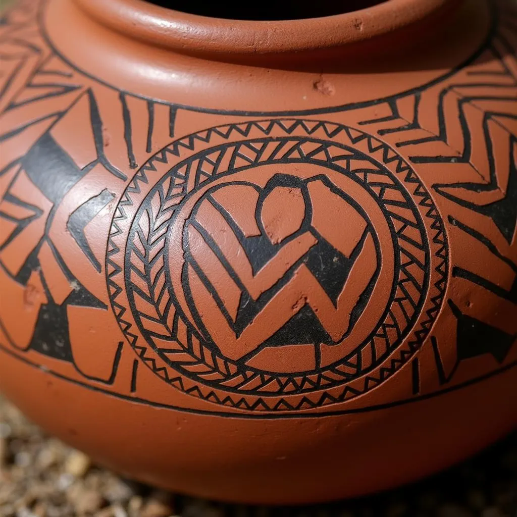 Intricate patterns on a traditional African clay pot