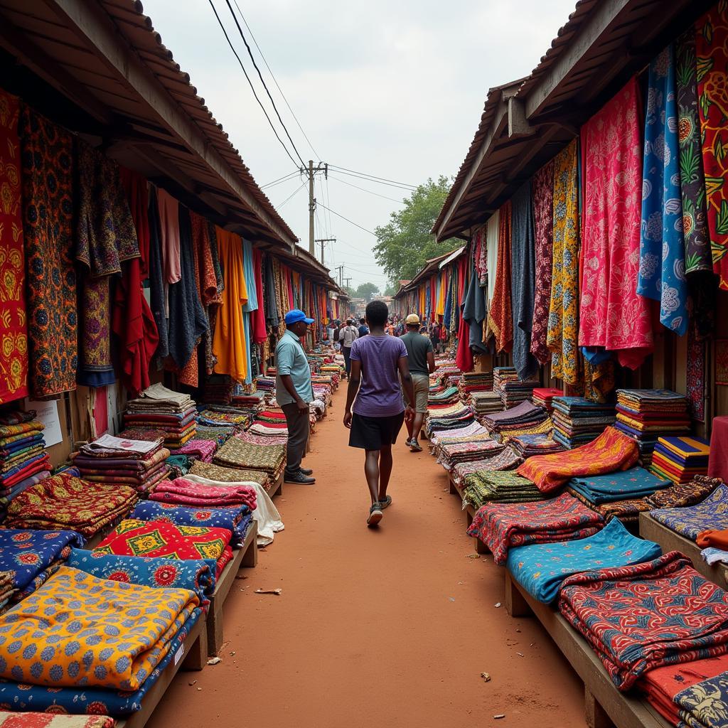 Colorful African fabrics in a bustling market