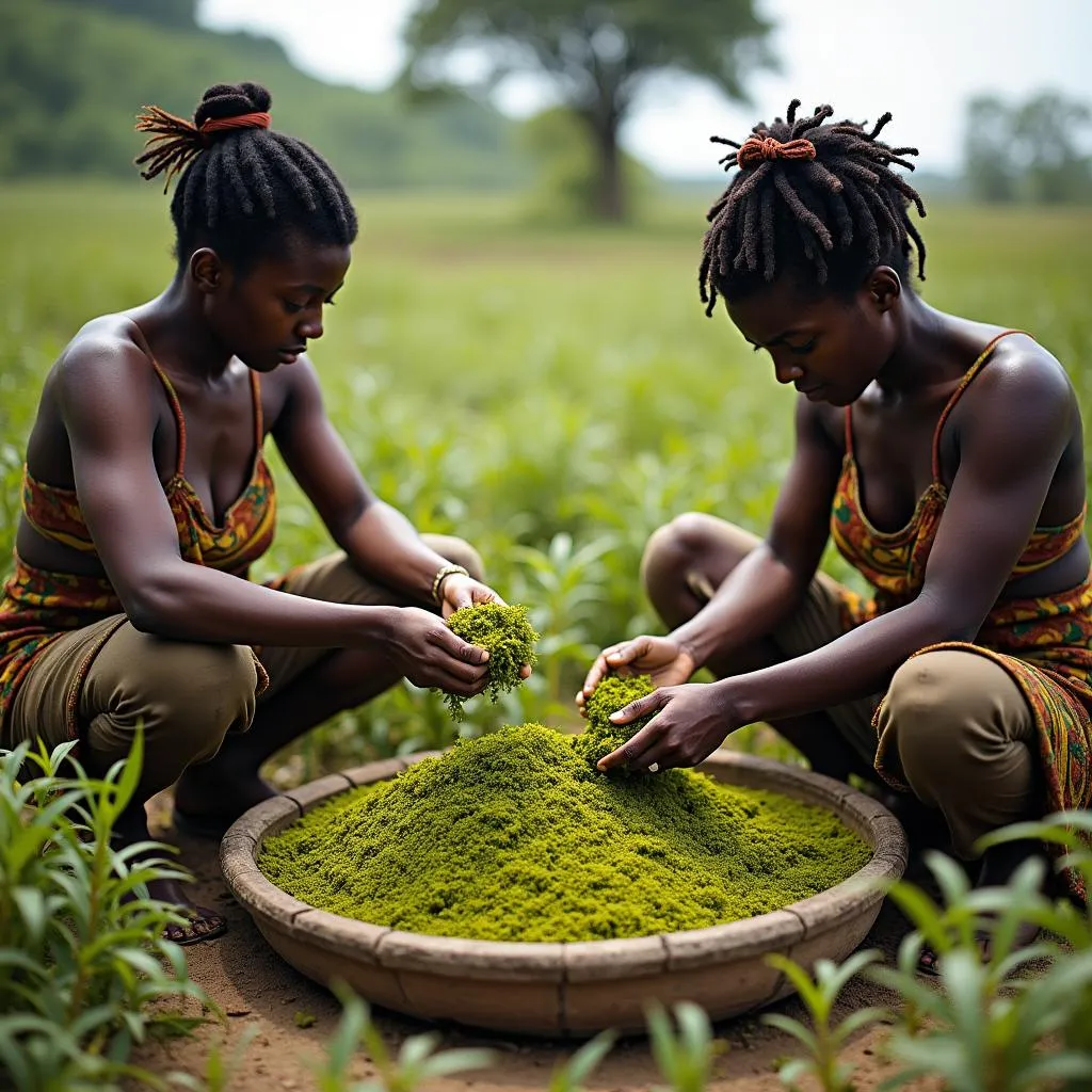 Preparing African club moss for medicinal use in a rural African village