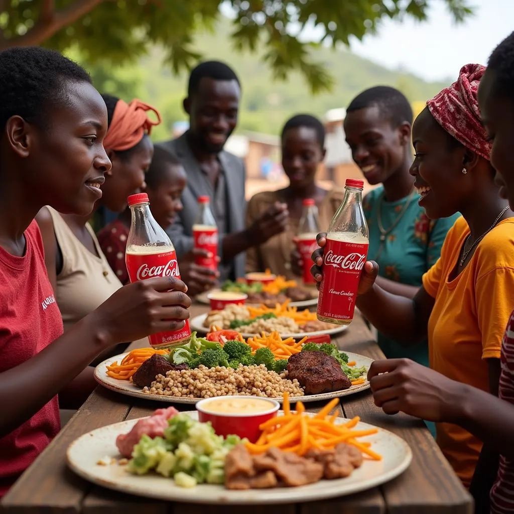 People enjoying African Coca-Cola flavors with local street food.