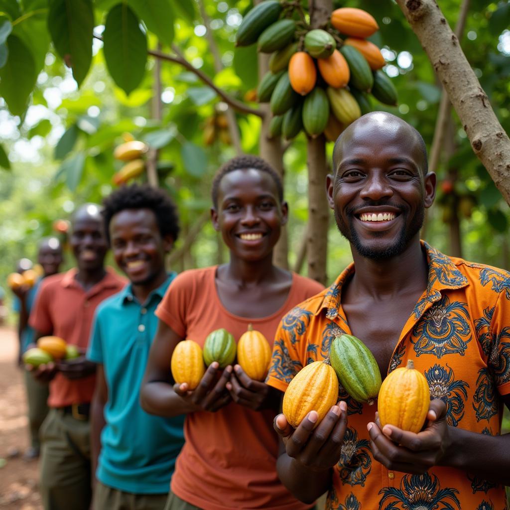 Smiling African Cocoa Farmers Harvesting Pods