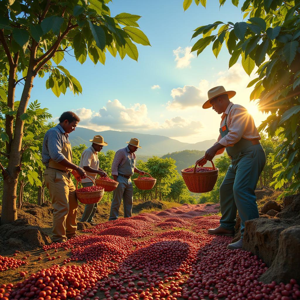 Coffee Farmers Harvesting Beans on a Sunny African Farm