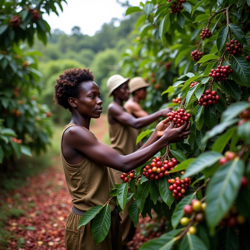 African Coffee Farmers Harvesting Beans