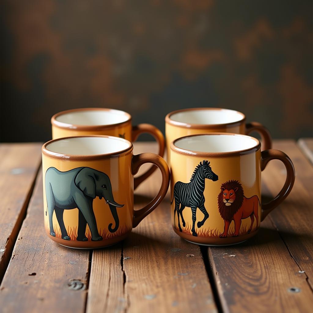 Set of African coffee mugs decorated with animal motifs