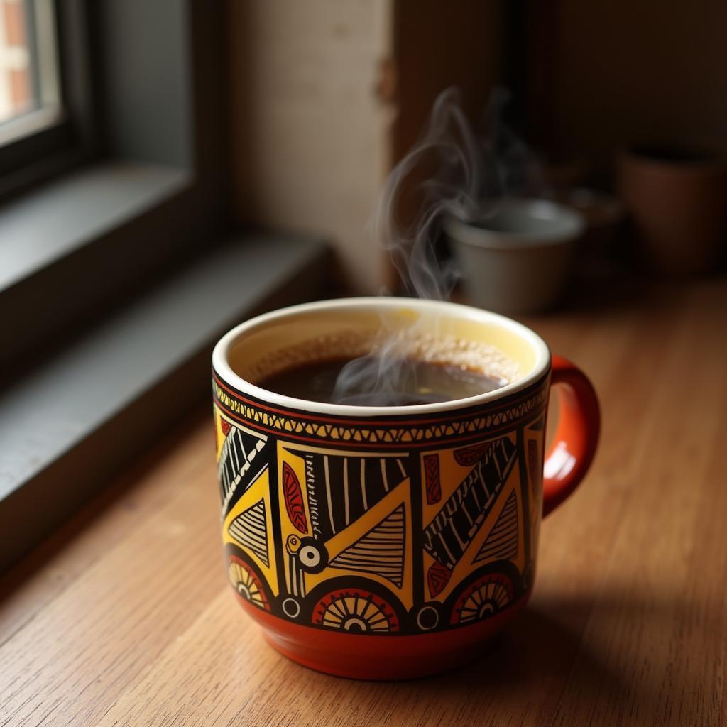 African coffee mug adorned with intricate tribal patterns