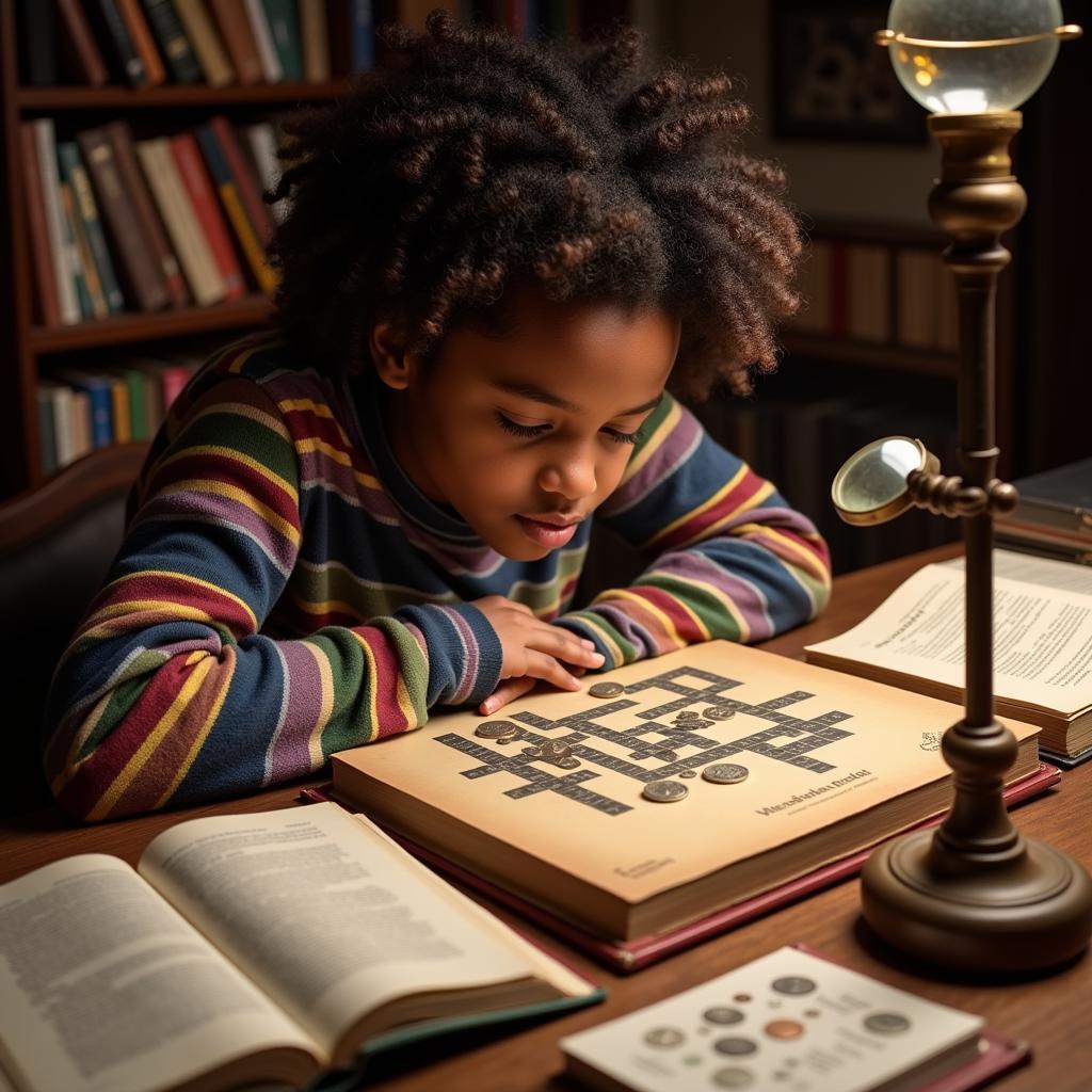 Person Solving an African Coin Crossword Puzzle