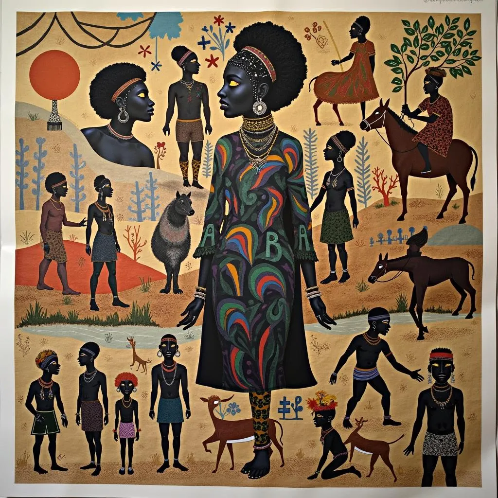 Symbolic imagery in a contemporary African collage artwork.