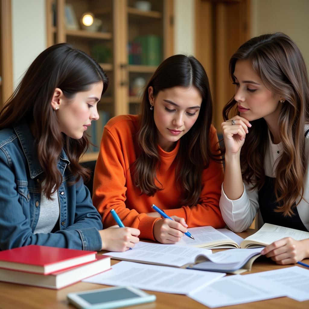 Young women studying together in a library