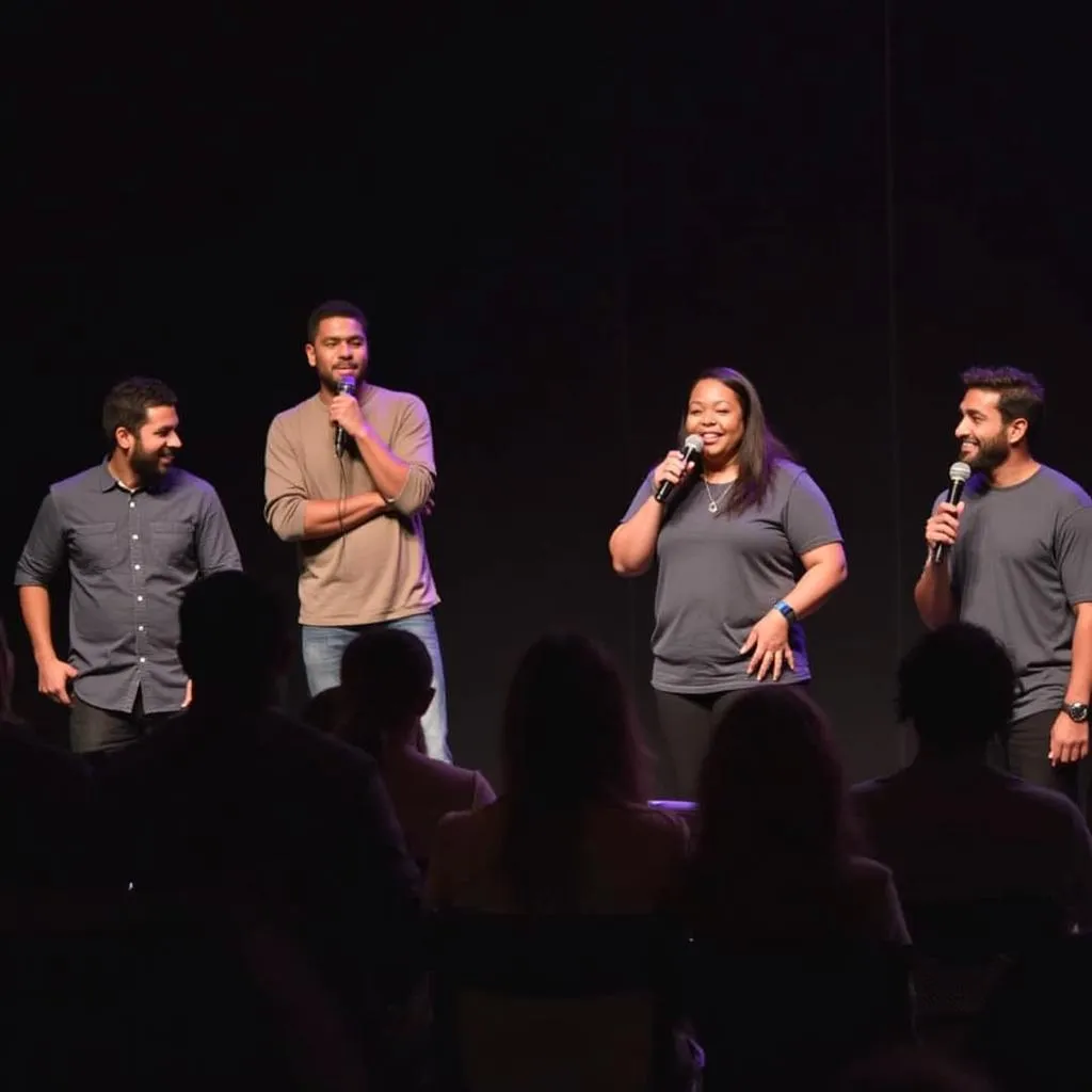 A group of African comedians performing stand-up comedy on stage