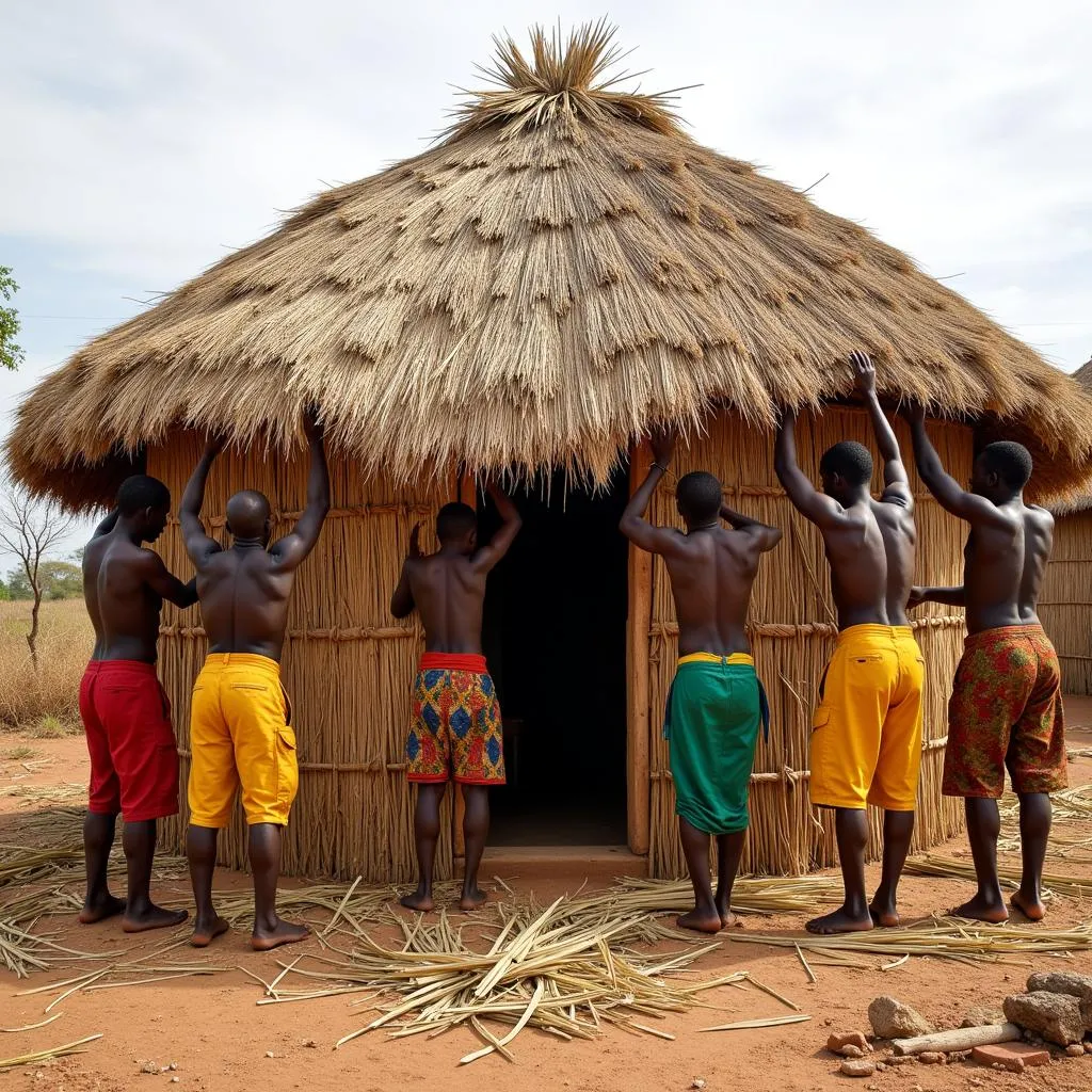 Community members using African bunchgrass for thatching