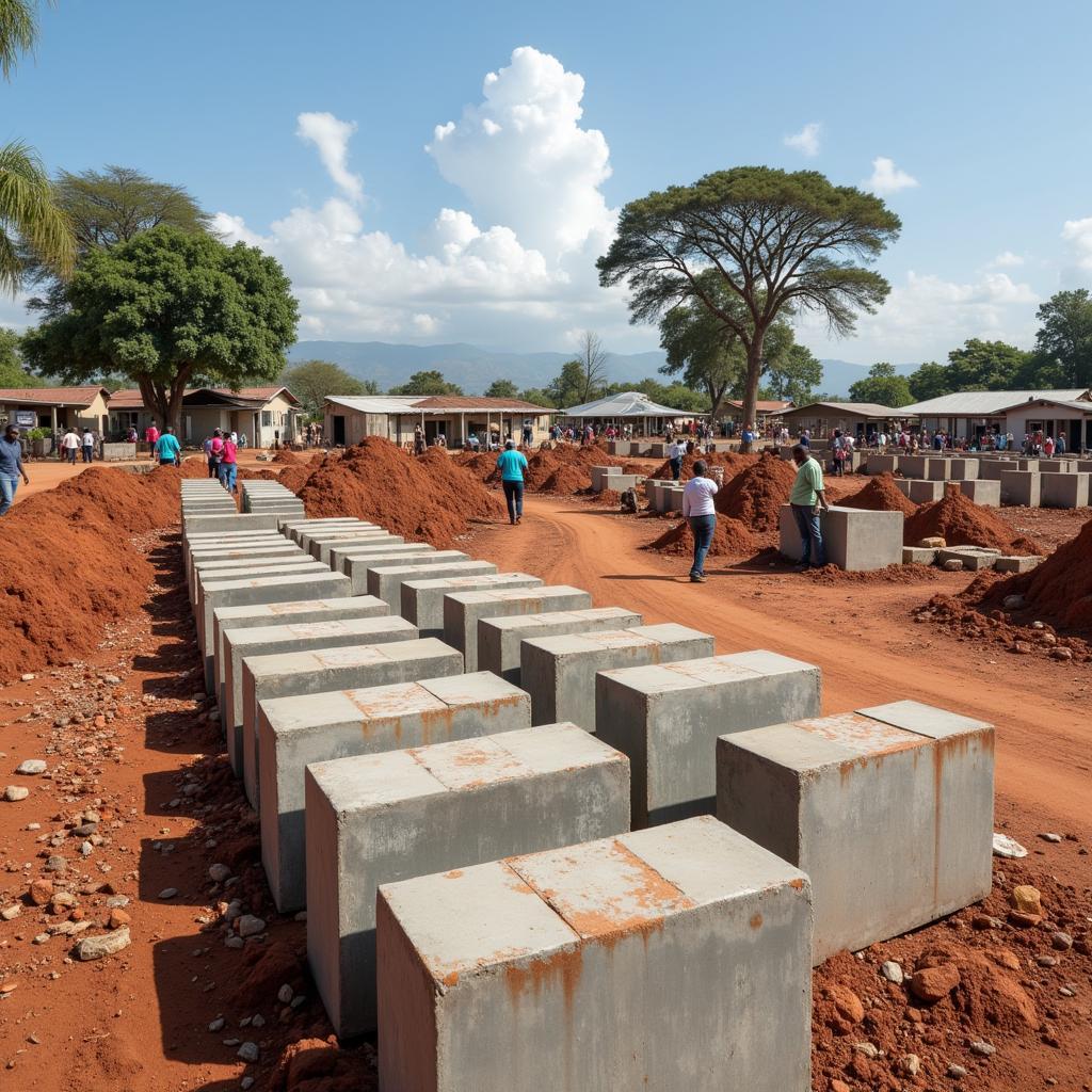 Stacks of concrete blocks at an African construction site