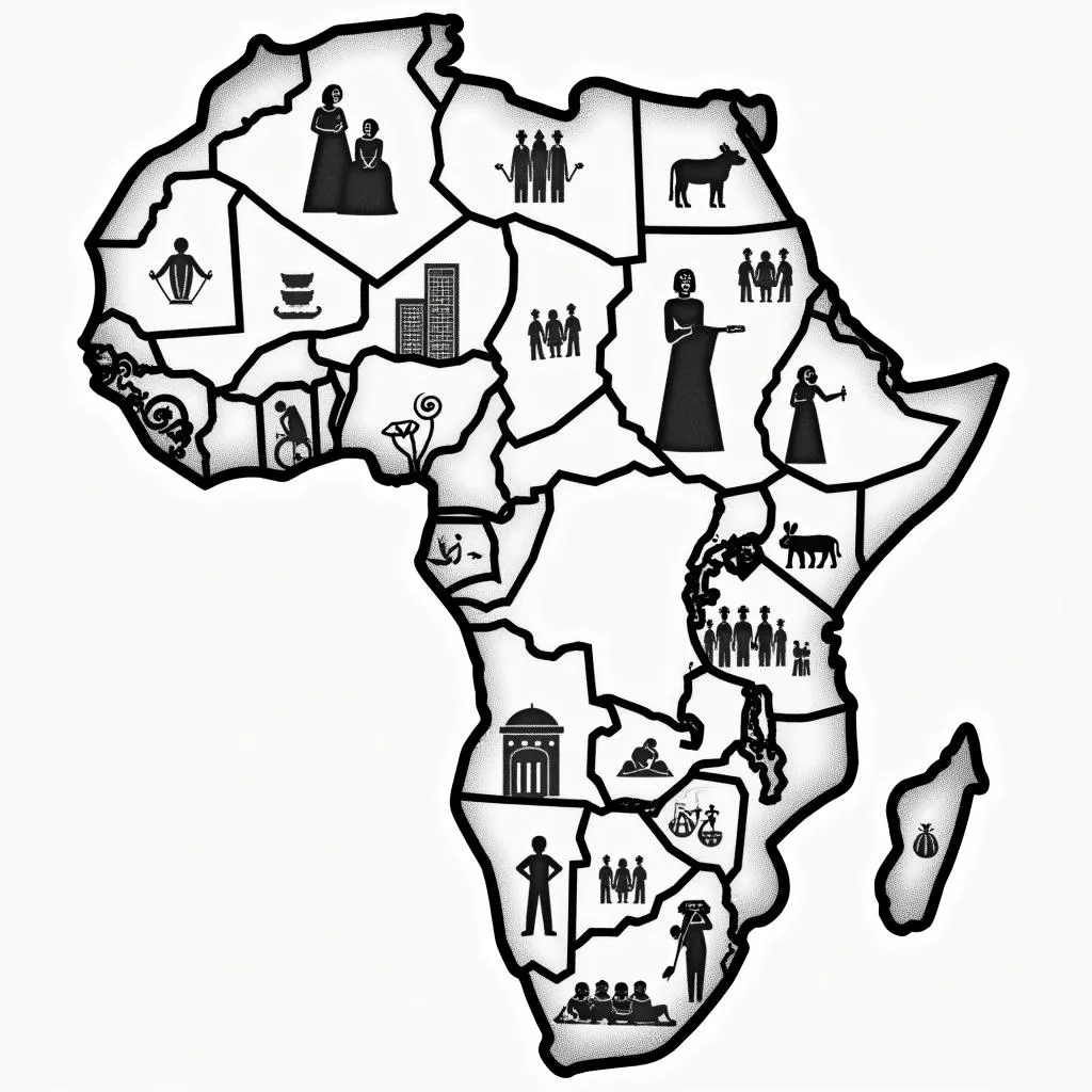 Black and white African continent map with cultural icons.