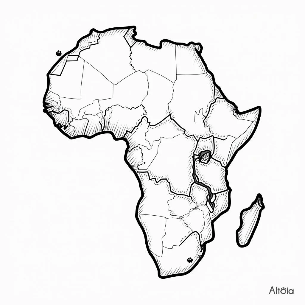 Black and white African continent map with major rivers and lakes.