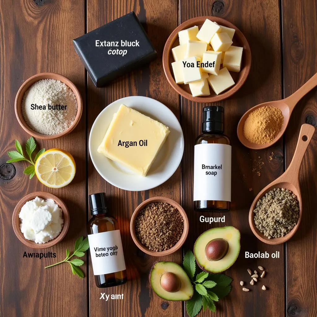 Various African cosmetic ingredients arranged on a table