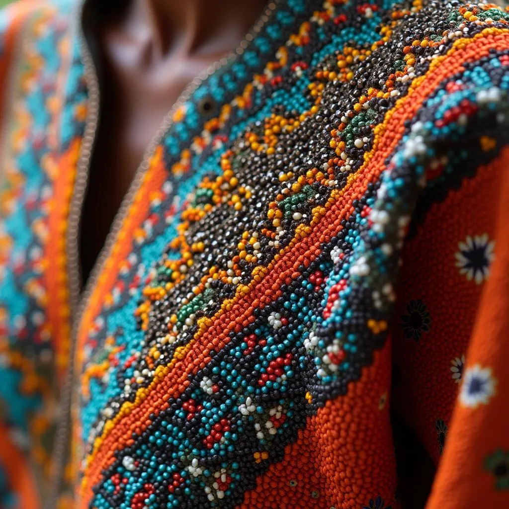 Close-up of intricate beadwork on African clothing