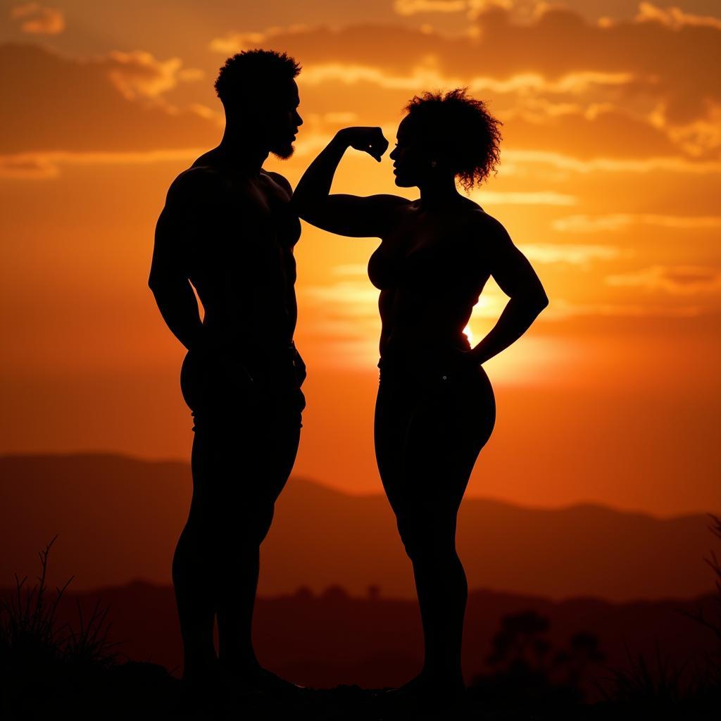 African couple bodybuilders posing outdoors with a vibrant sunset