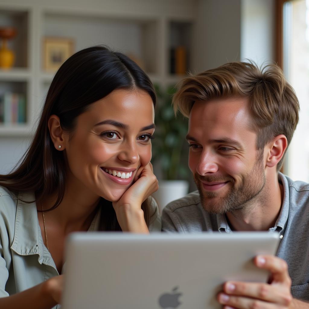 Couple chatting online, smiling