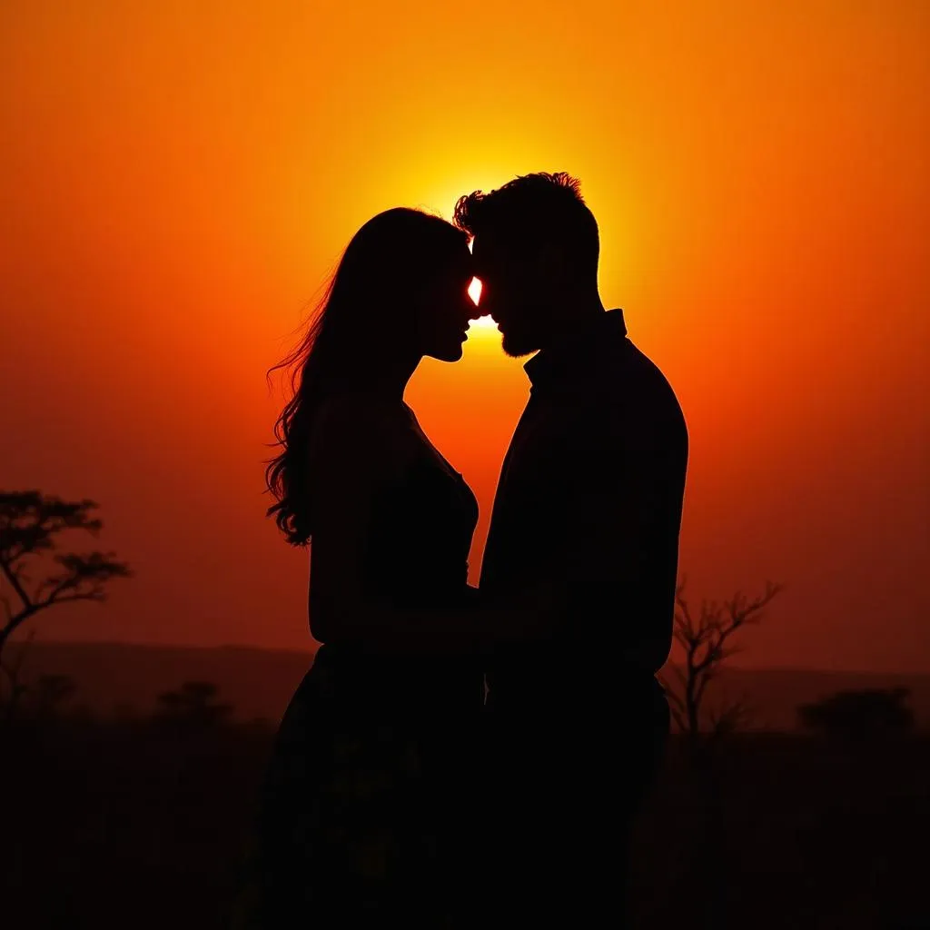 Couple embracing under African sunset