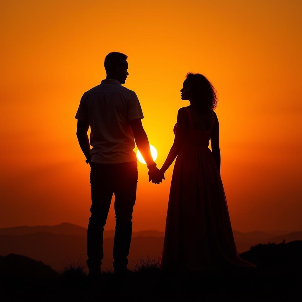 African couple enjoying a romantic date at sunset