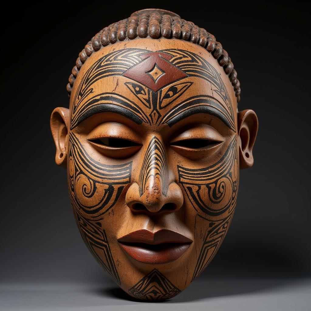 Intricately carved wooden mask representing an African couple, used in traditional ceremonies