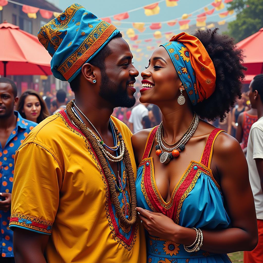 Vibrant painting of an African couple during a festive celebration