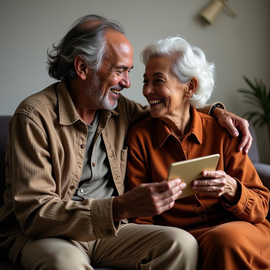 An elderly couple sharing stories and laughter