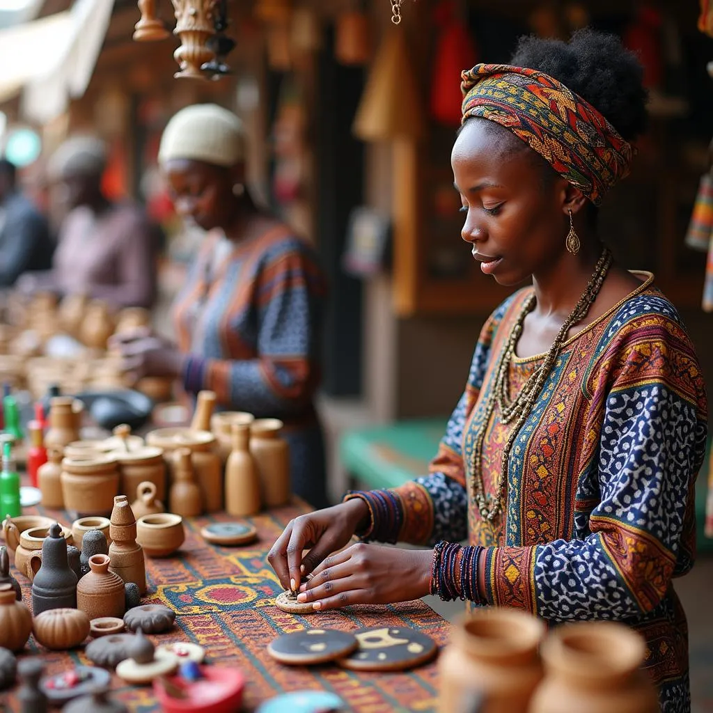 Colorful display of African crafts at a local market