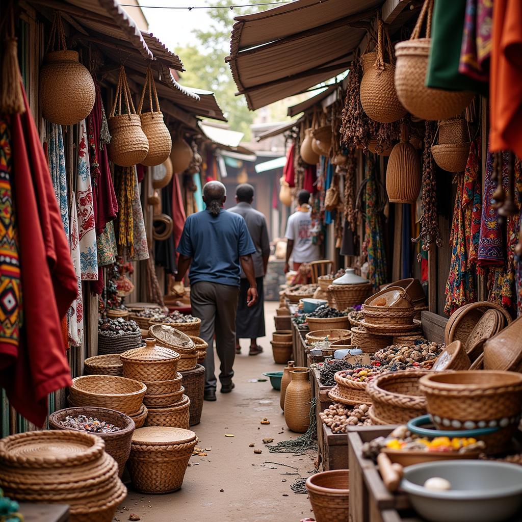 African crafts market bustling with vibrant colors and textures.