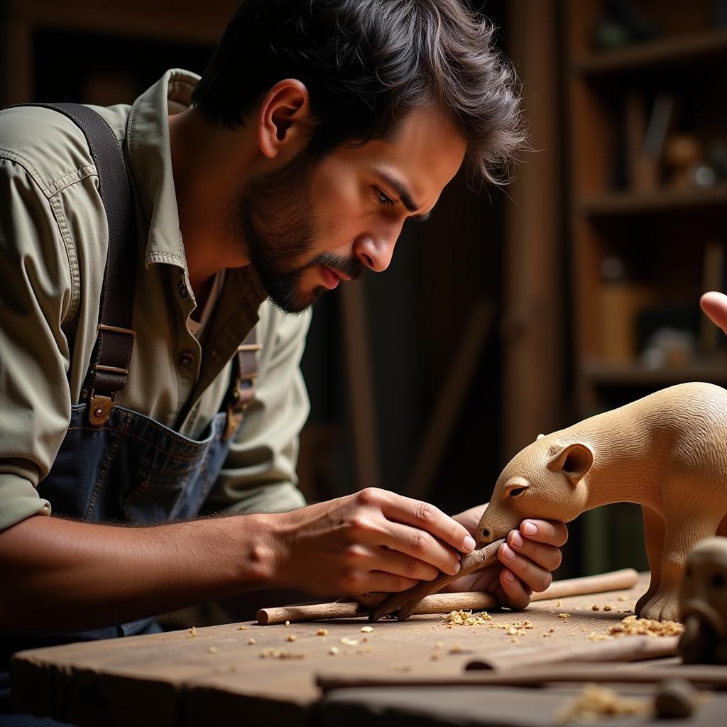 Skilled African artisan crafting a wooden sculpture