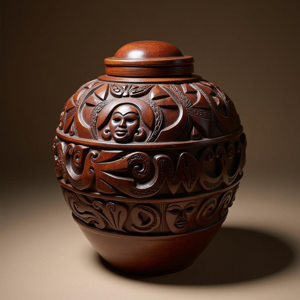 African Cremation Urn with Wooden Carving