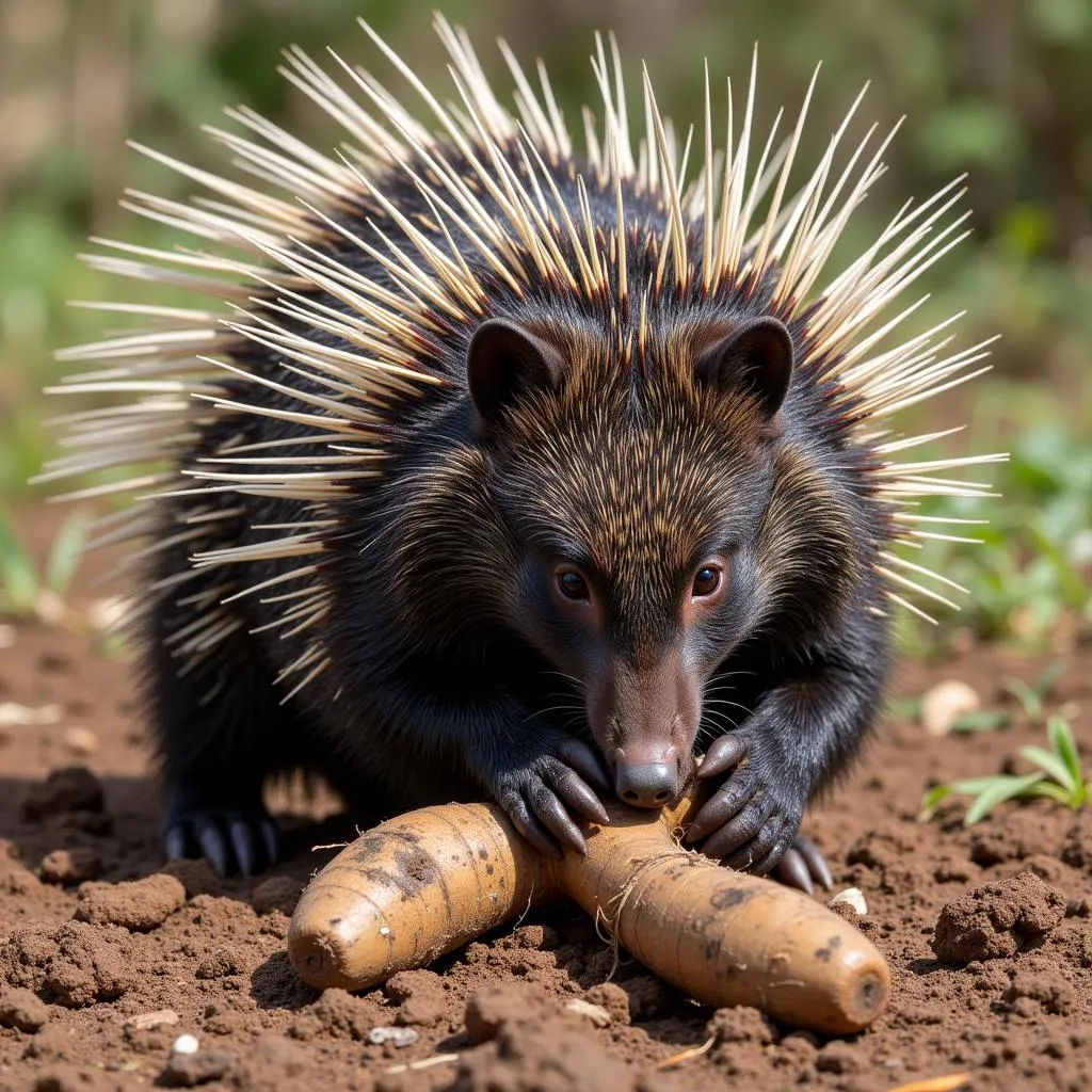 African Crested Porcupine Foraging Behavior