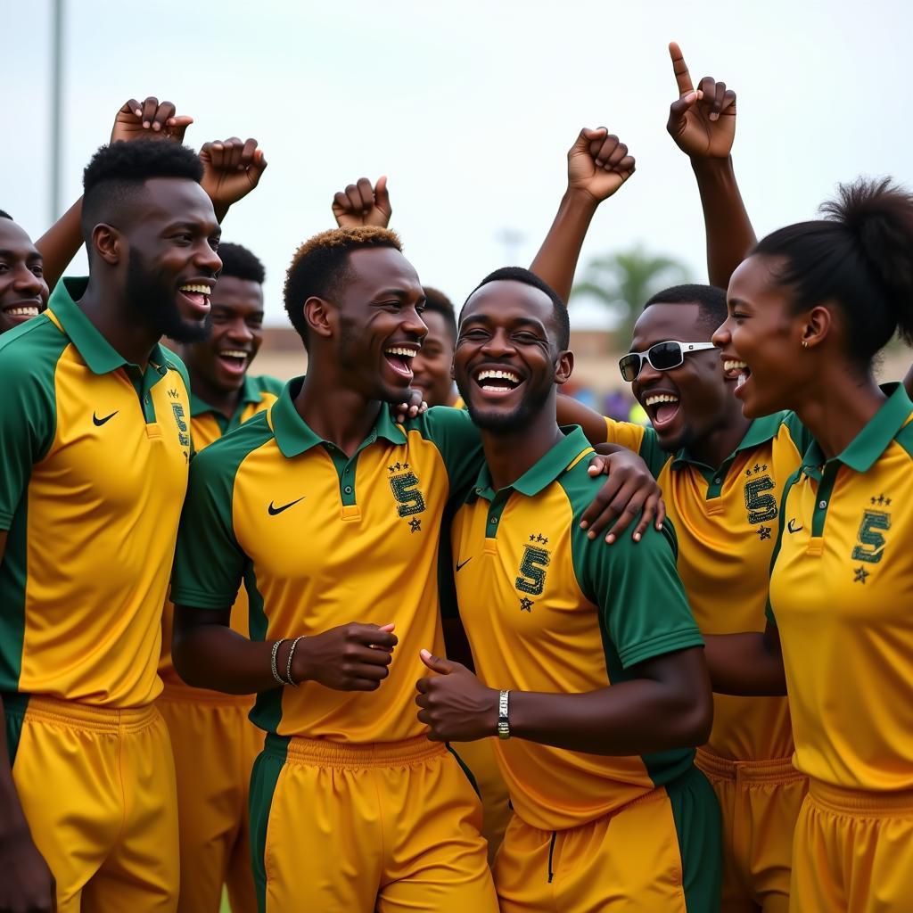 African cricketers celebrating a victory together