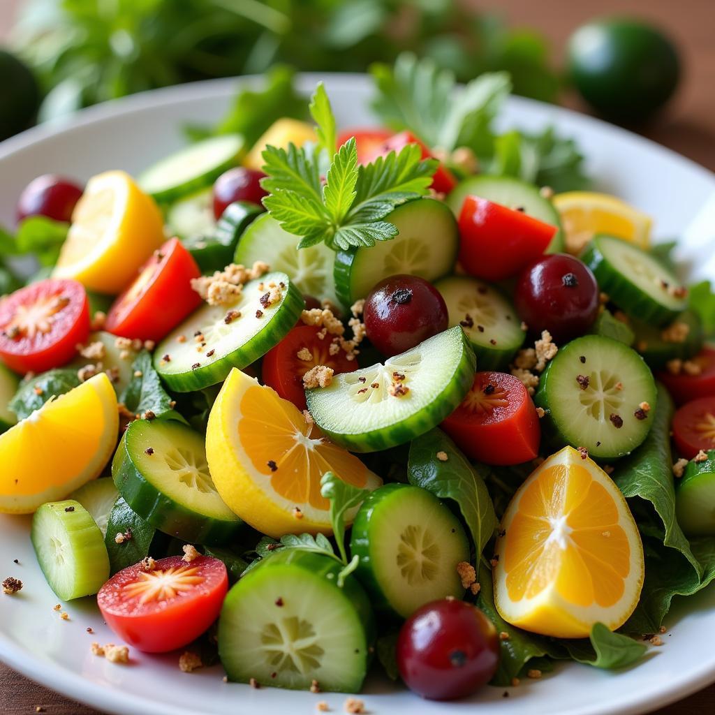 A colorful platter featuring a refreshing African cucumber fruit salad