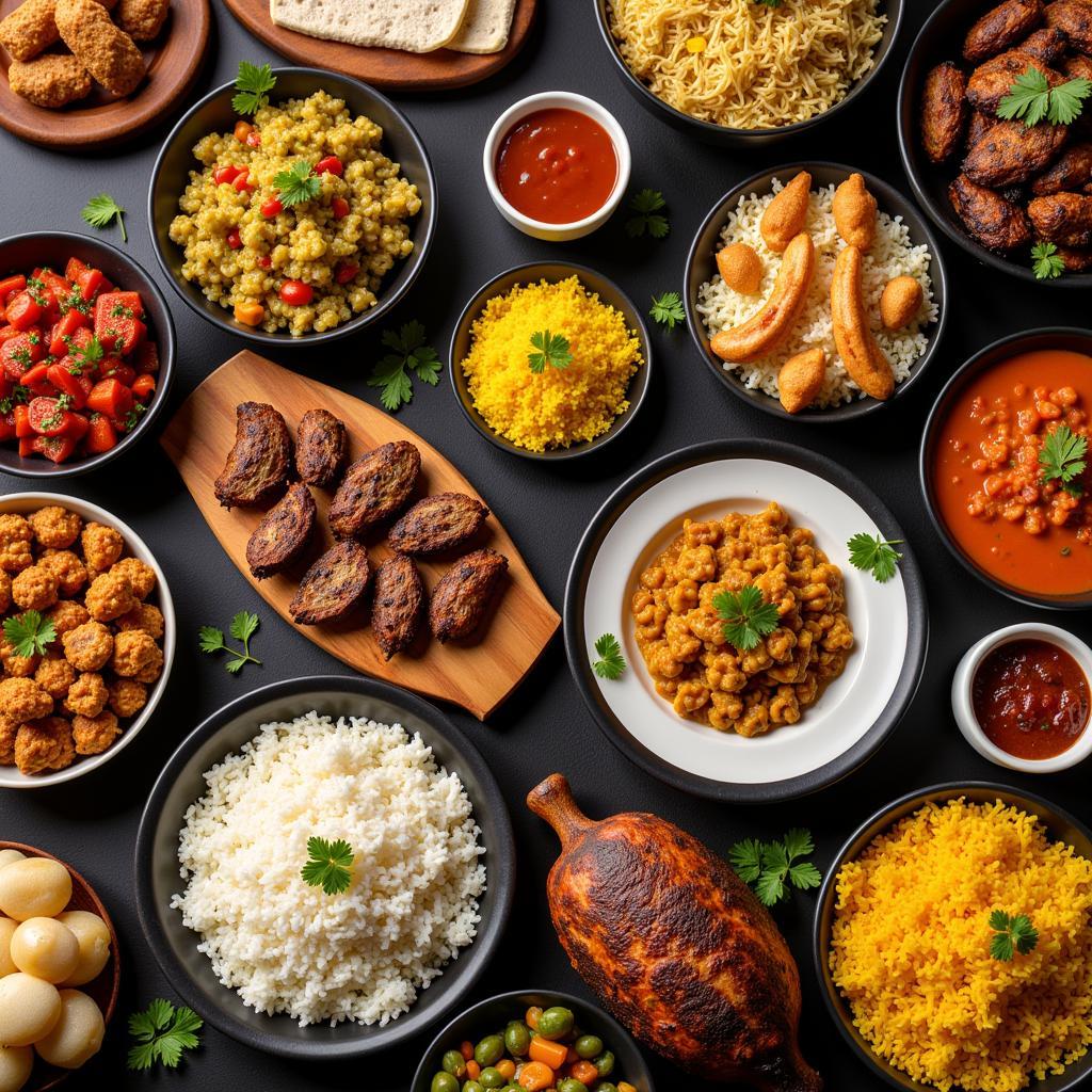 A colorful spread of various African dishes