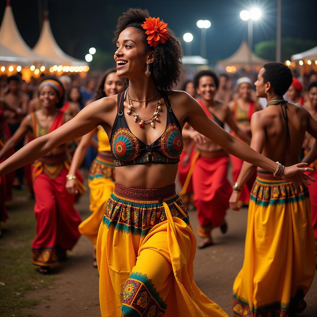 Vibrant African dance performance with intricate movements and colorful costumes