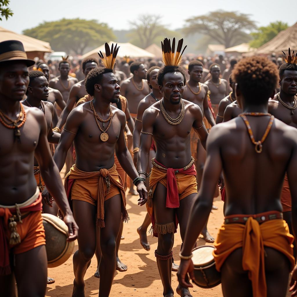 Participants in a traditional African ceremony engaging in a rhythmic dance