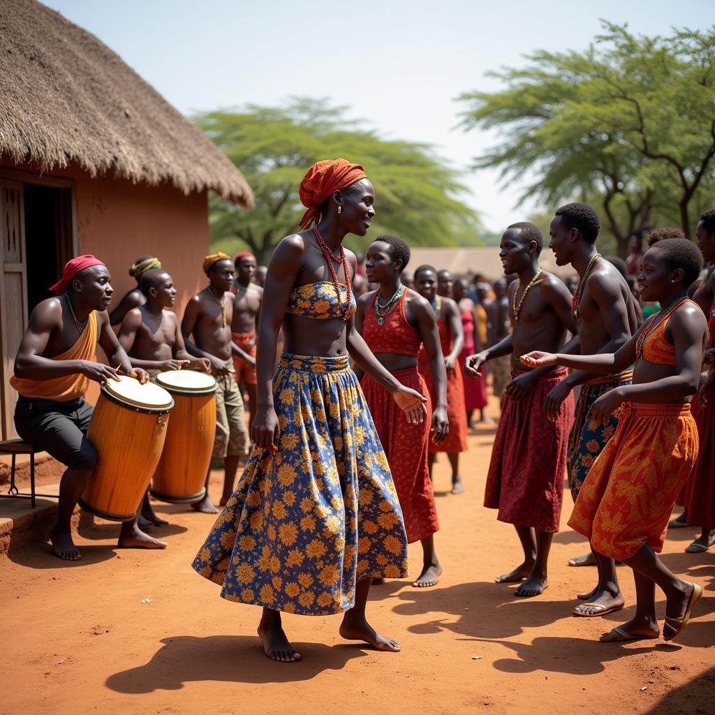 A vibrant African dance ceremony takes place in a village, with musicians and dancers expressing cultural heritage